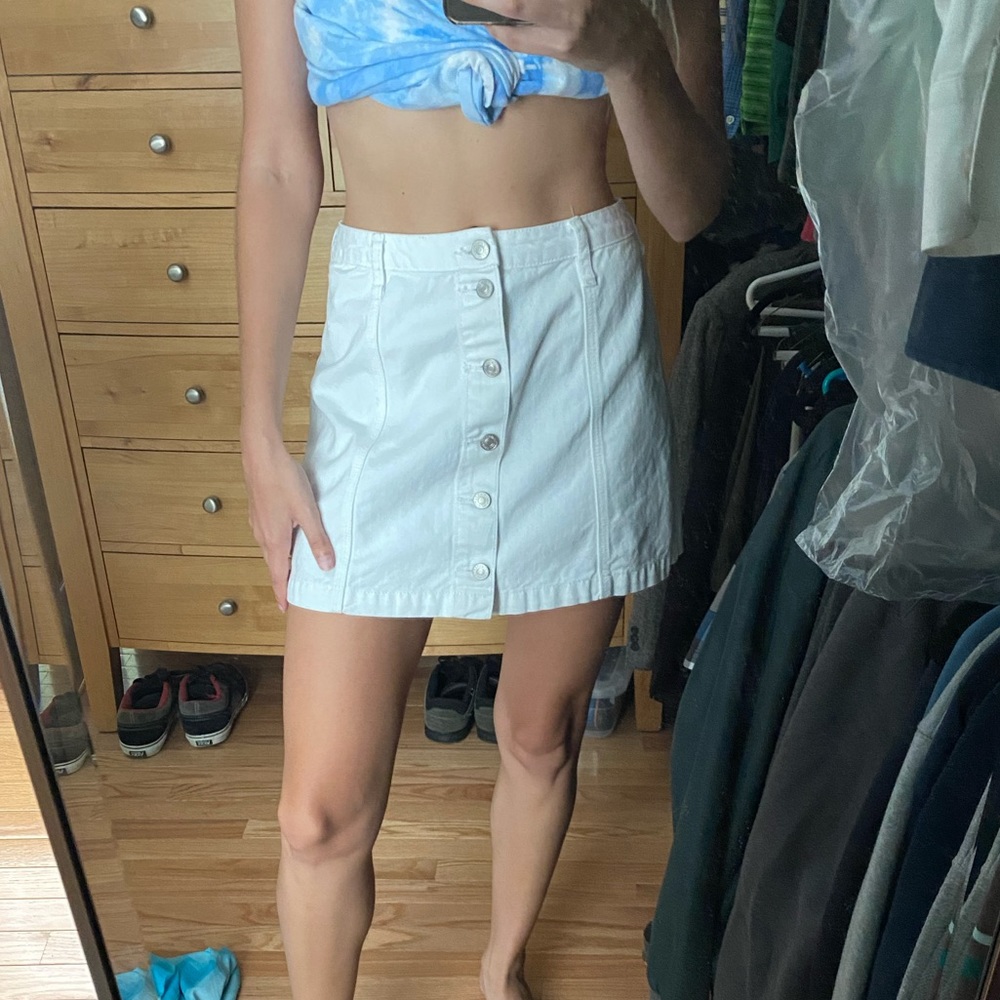 White button up denim skirt